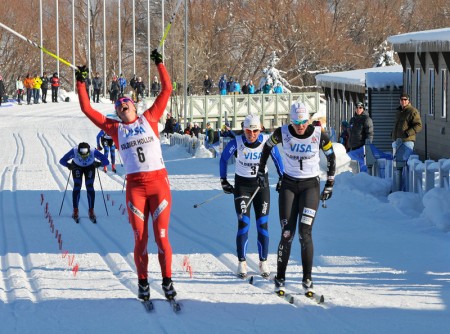 Jennie Bender (CXC) raising her arms in triumph in an emotional win in the classic sprint at U.S. Nationals. Photo: USSA.