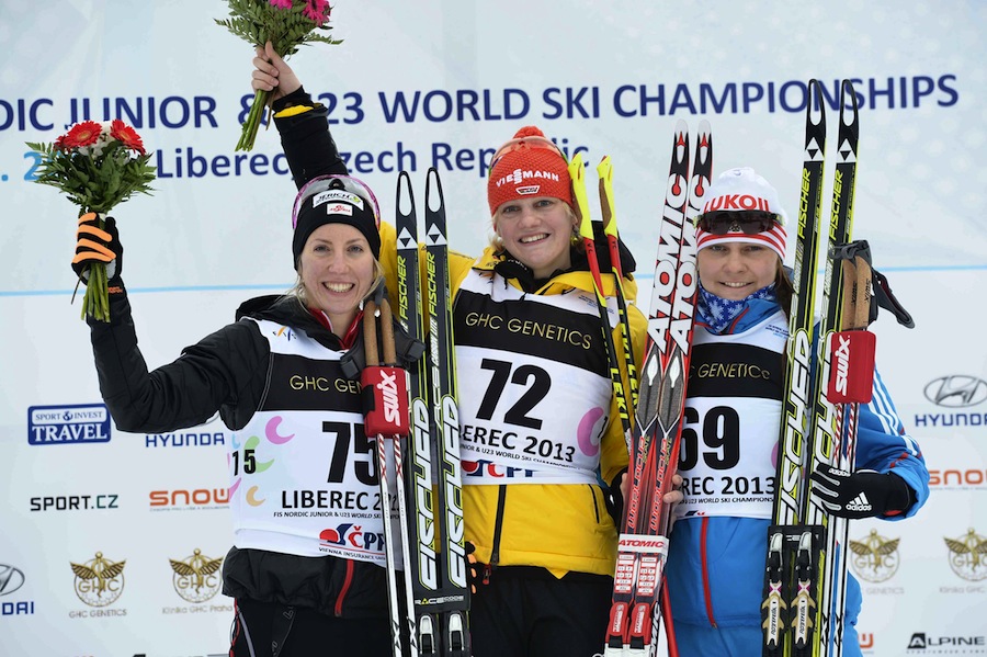 The women's 5 k freestyle podium at Junior World Championships on Wednesday in Liberec, Czech Republic. German Victoria Carl (c) was first, Austria's Teresa Stadlober (l) was second and Russia's Anastasia Sedova took third.