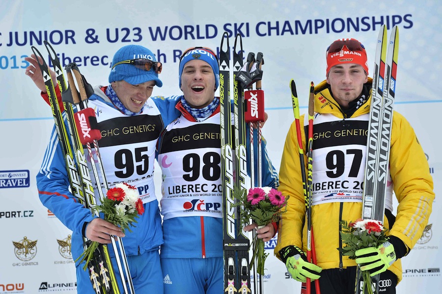 The men's 10 k freestyle podium at Junior World Championships in Liberec, Czech Republic: Russia took first with Dmitry Rostovtsev (c) and second with Artem Maltsev (l) and German Martin Weisheit was third. (Photo: Liberec2013)