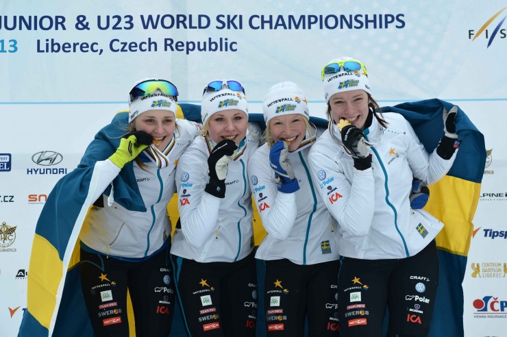 The Swedish women's team gets a taste of gold at Junior World Championships after placing second to Russia in last year's relay. (Photo: Liberec2013)
