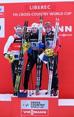 The men's classic sprint podium: 1. Teodor Peterson (SWE), 2. Emil Jonsson (SWE). 3. Pal Golberg (NOR). Photo: Nordic Focus/FIS Cross Country.
