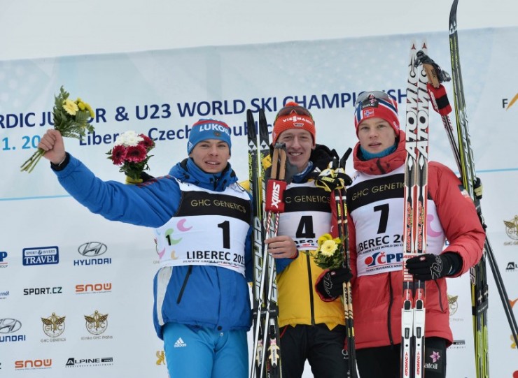 The men's classic sprint podium. 1. Lennart Metz (GER) 2. Vadim Korolev (RUS) 3. Bjørn Suhr (NOR). Photo: Liberec2013.