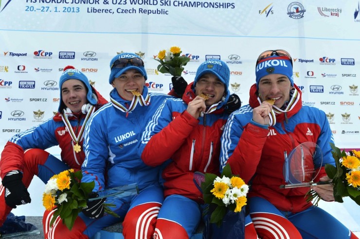 The Russian men's relay celebrates their third victory in four races at 2013 Junior World Championships in Liberec, Czech Republic. (Photo: Liberec2013)