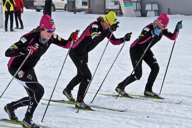 Heather Mooney (Middlebury College) training with U23s Annie Pokorny and Annie Hart in Ramsau, Austria last week. Mooney was the top U.S. in the women's classic sprint. Photo: Eric Packer.