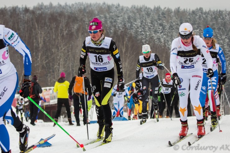 Caitlin Paterson (Craftsbury Green Racing Project) leading Sophie Caldwell early in the women's 15 k skiathlon. Patterson placed 19th to lead the U.S. women. Photo: Logan Hanneman/Corduroy AK.
