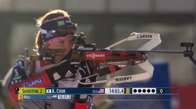Annelies Cook shooting in today's World Cup sprint in Antholz, Italy.