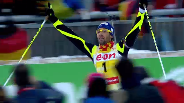 Martin Fourcade of France briefly celebrated his third win of the weekend before collapsing into the snow.