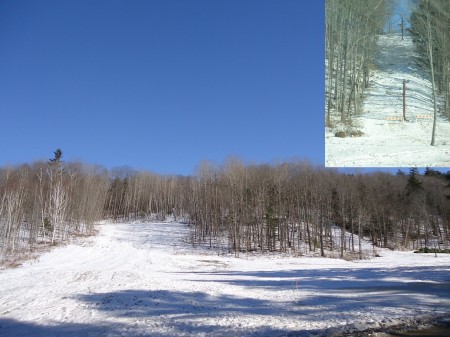 Just across the parking lot at the race venue, Colby's former Ski Hill is still visible along the ridge. The insert shows the T-bar line for the hill.