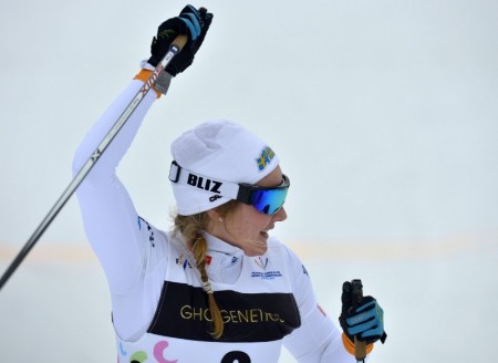 Stina Nilsson celebrates at 2013 Junior World Championships in Liberec, Czech Republic. The Swede won gold in both the individual freestyle sprint and team relay in Liberec. (Photo: Liberec2013)