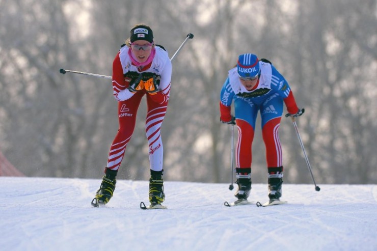 Theresa Stadlober (AUT) on her way to winning the women's 10 k skiathlon in Liberec, Czech Republic, on Friday. Photo: Liberec2013.