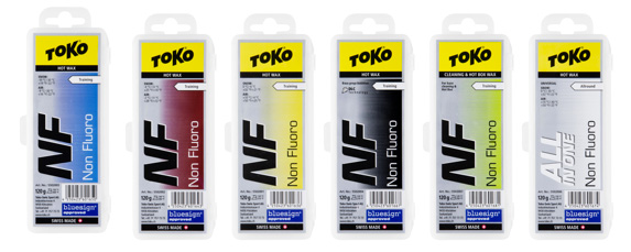 Pictured: the Toko NF Line, Blue for cold, Red for around freezing, Yellow for warm, Black for dirty snow, Hot Box and Cleaning Wax for getting wax into bases and cleaning, and All in One Wax as a general universal wax.