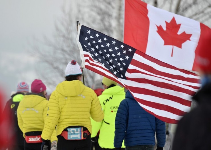 American and Canadian cheer squads get ready to root for teammates in the skiathlon on Saturday at U23 World Championships in Liberec, Czech Republic. Photo: Liberec2013.