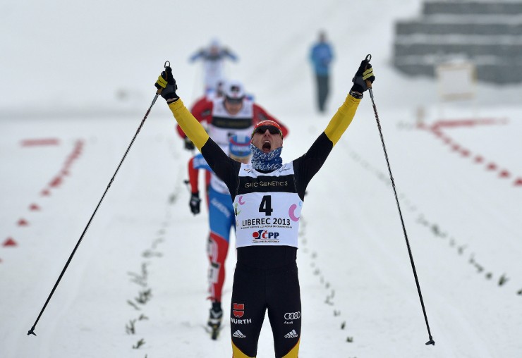 Lennart Metz (GER) celebrating his victory in the men's classic sprint at Junior World Championships. Photo: Liberec2013.