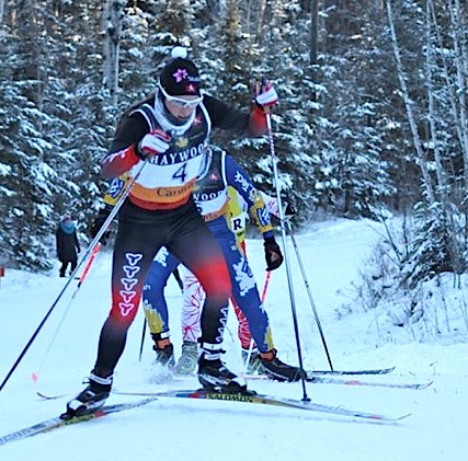 Alana Thomas (formerly of the Alberta World Cup Acadmy) leads Zoe Roy (RMR) and Emily Nishikawa (AWCA) during the Lappe Nordic NorAm 15 k skiathlon on Jan. 3 in Thunder Bay, Ontario. Thomas was second to Nishikawa, and the two will race for a distance spot at the upcoming World Championships as the NorAm trials continue this weekend in Duntroon, Ontario. (Courtesy photo)