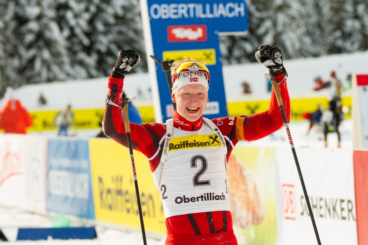 Johannes Thingnes Bø of Norway skied deliberately early in the junior men's pursuit, then capitalized on shooting errors by the Russian leaders to take the win. Photo: Mario Danzl/Obertilliach 2013.