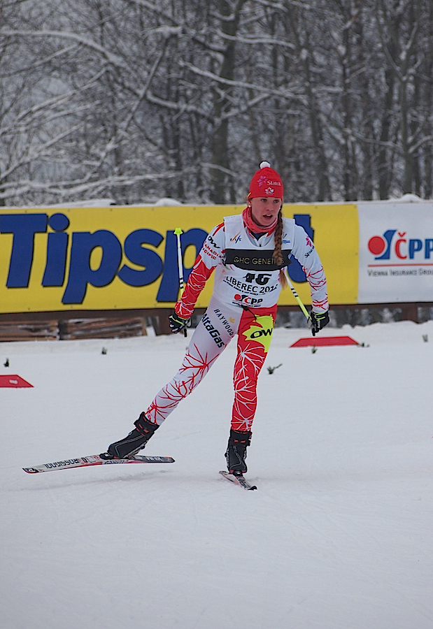 Cendrine Browne (CNEPH) racing to a personal-best 15th in the 5 k freestyle individual start Wednesday at Junior World Championships in Liberec, Czech Republic. (Courtesy photo)