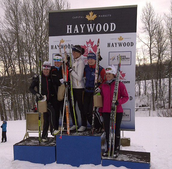 Brittany Webster (Highlands Trailblazers) tops the women's podium in the NorAm 10 k freestyle interval start Sunday in Duntroon, Ontario. Zoe Roy (second from l) was second, Andrea Dupont (second from r) was third, Amanda Ammar (l) was fourth and Alana Thomas placed fifth. (CCC Facebook photo: www.facebook.com/pages/Cross-Country-Canada-Ski-de-fond-Canada)