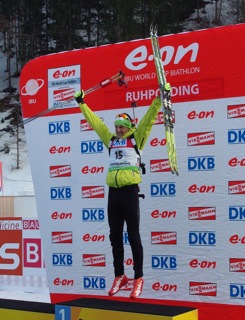 Jakov Fak of Slovenia atop the podium.