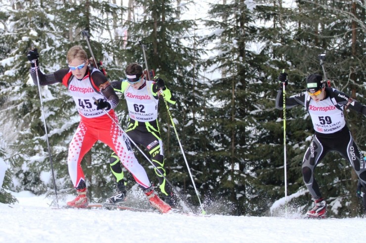Canada's Macx Davies (left) skiing deliberately en route to a career-best finish at World Junior Championships. Photo: Hugh Harden via Biathlon Canada.