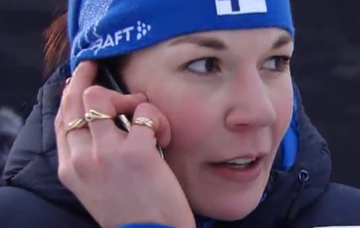 Mona-Liisa Malvalehto (FIN) makes a call to report the good news after winning Saturday's classic sprint in Liberec for her first World Cup podium. 