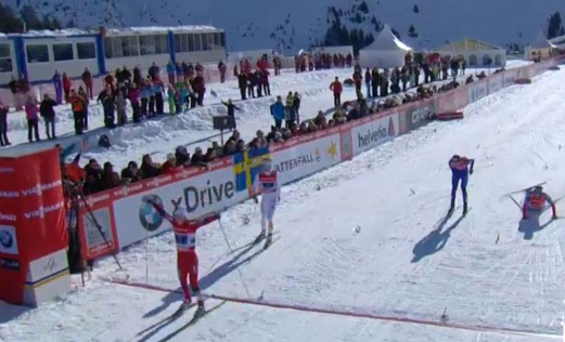 Sjur Røthe (l) anchors Norway's victory, 0.5 seconds ahead of Sweden's Marcus Hellner, in the La Clusaz World Cup 4 x 7.5 k relay on Sunday in France. Martin Jaks of the Czech Republic (second from r) took third and Russia's Ilia Chernousov crashed just before the finish for fourth.