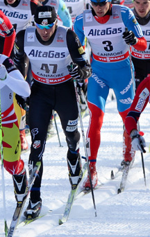 Andy Newell (USA), shown here skiing in Canmore, Alberta, finished a season-best 28th in the 15 k classic in La Clusaz, France, on Saturday.
