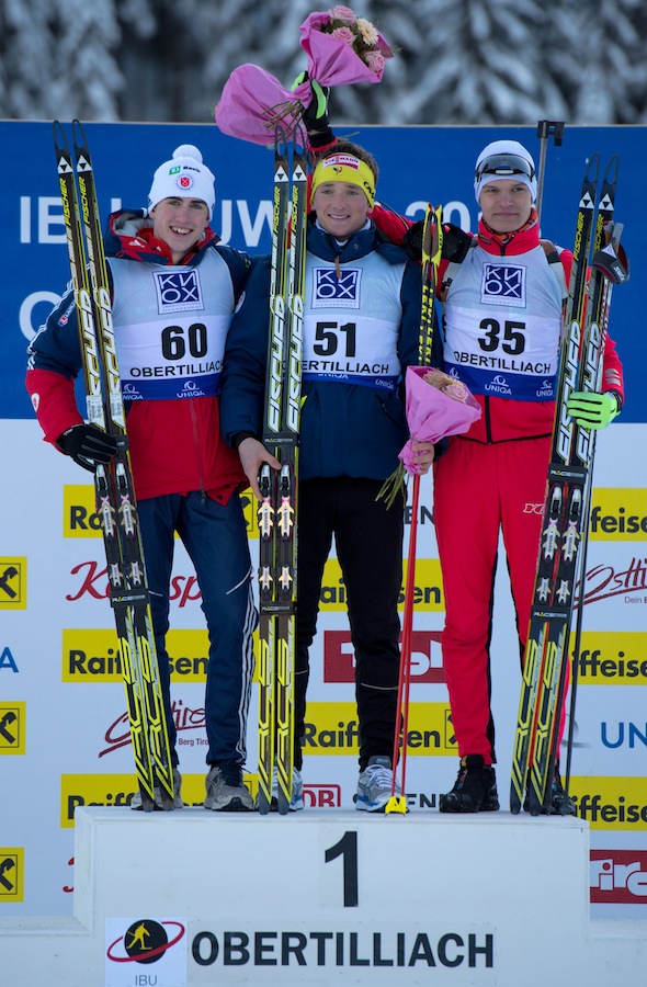 The youth men's sprint podium at the IBU Youth and Junior World Championships on Friday. American Sean Doherty (l) was second, 3.6 seconds behind winner Fabien Claude of France (c). Rene Zahkna of Estonia was third.  (Photo: USBA/Nordic Focus)