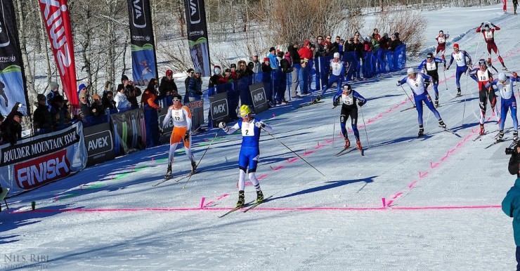 Sylvan Ellefson (SSCV Team HomeGrown) outsprinted a dozen Boulder Mountain Tour competitors to take the win in the 32 k event in Sun Valley, Idaho, on Saturday. Photo: Sun Valley Nordic Festival.