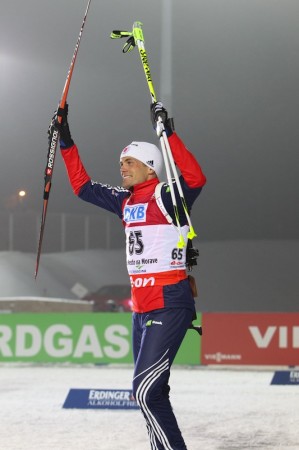 Burke celebrating on his way to the podium. Photo: Nordic Focus/USBA.