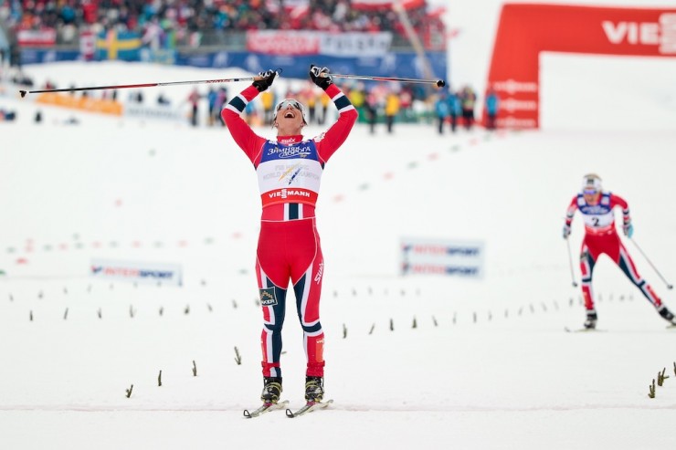 Norway's Marit Bjørgen goes two-for-two at World Championships on Saturday, claiming the women's 15 k skiathlon by 2.03 seconds over teammates Therese Johaug and Heidi Weng. Photo: Fiemme 2013.