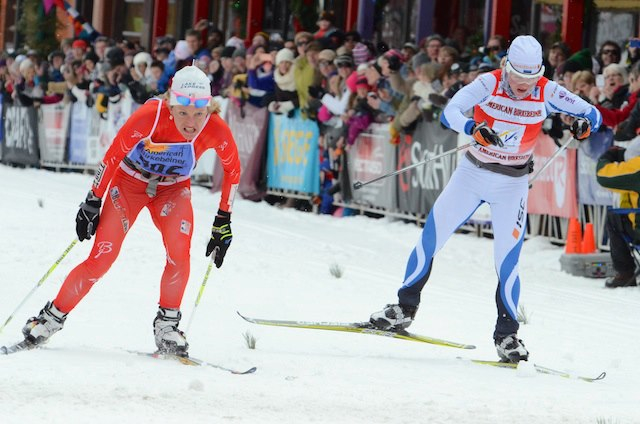 Caitlin Gregg (left) edges Estonia's Tatjana Mannima to win the 2013 American Birkebeiner. Photo, Darlene Prois/American Birkebeiner Ski Foundation