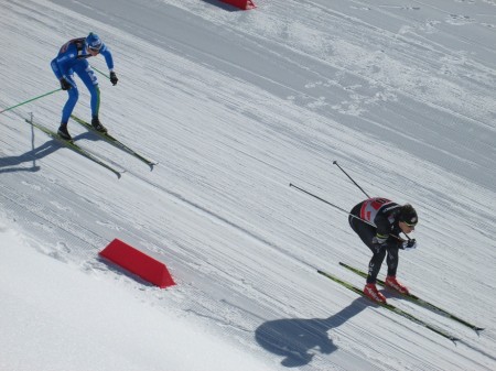 Hamilton leading Italy on a downhill in the semifinal. Photo: Noah Hoffman.