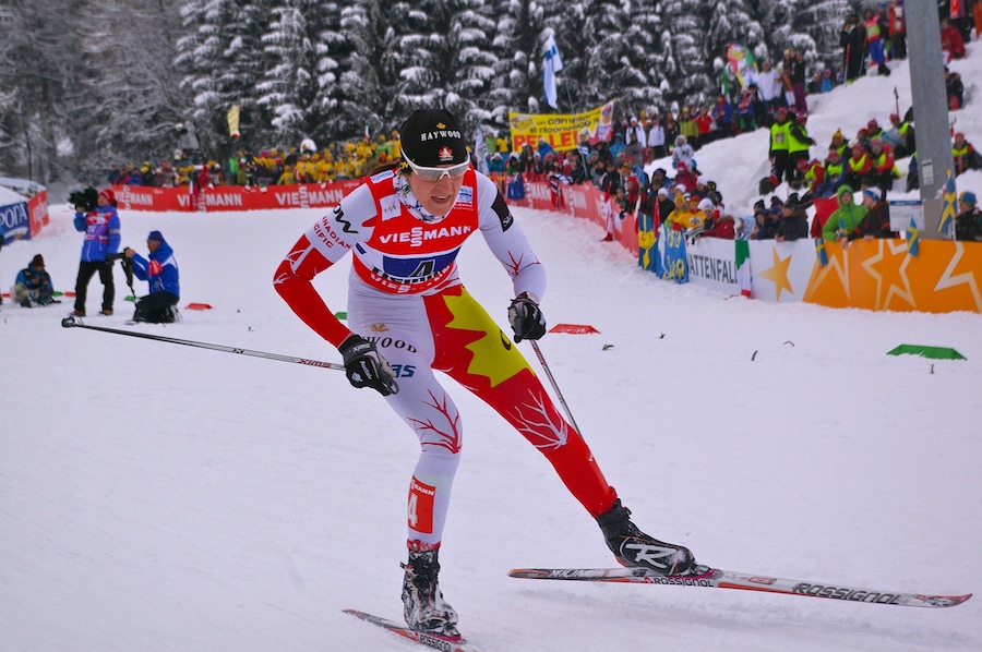 Canadian Dasha Gaiazova works to close the gap on the leaders in the 6 x 1.2 k freestyle team sprint at the  2013 World Championships  on Sunday in Val di Fiemme, Italy. With Perianne Jones, the Canadians placed seventh in their heat for 13th overall.