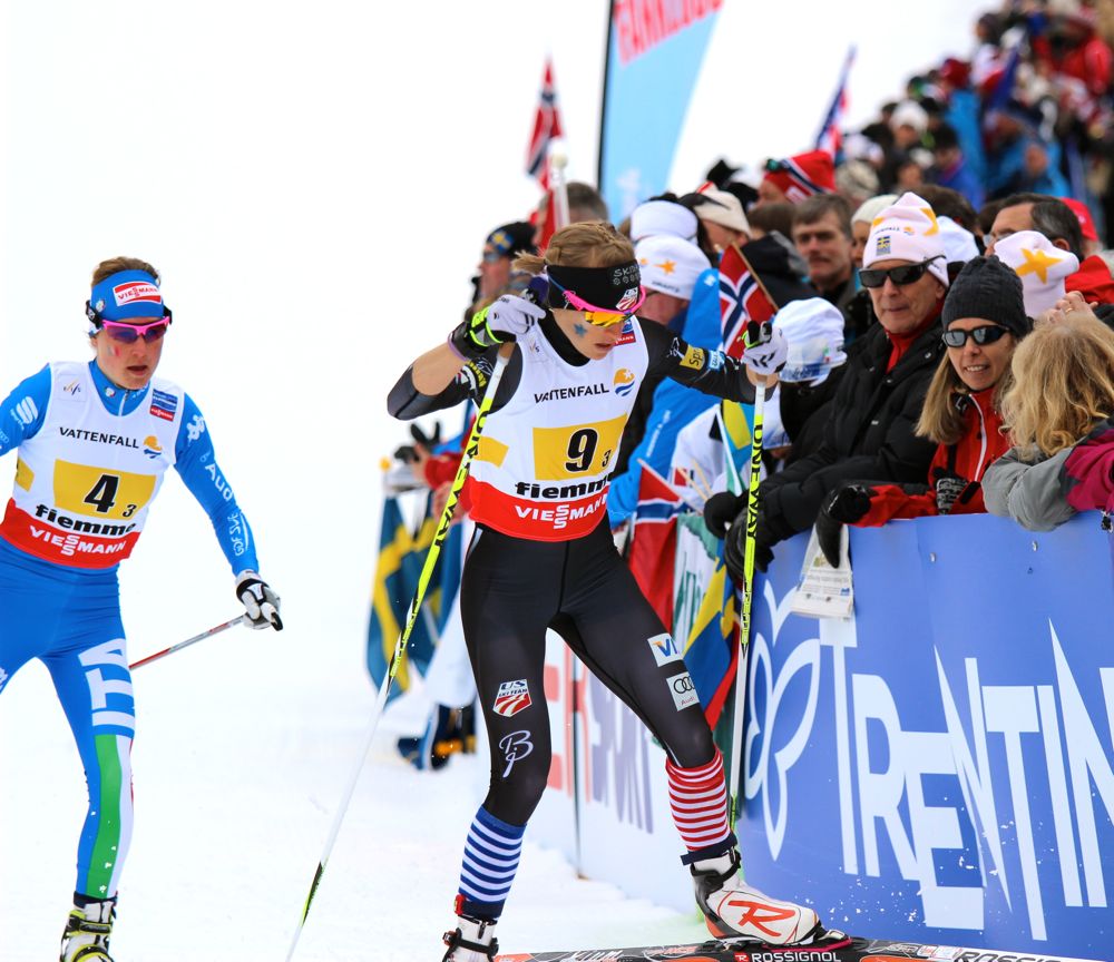 Liz Stephen on her way to bringing the team from ninth to fourth in the third leg of the World Championship 4x5 k relay on Thursday. Jessie Diggins kept the team in fourth in the anchor leg for the best relay finish the United States has ever had.