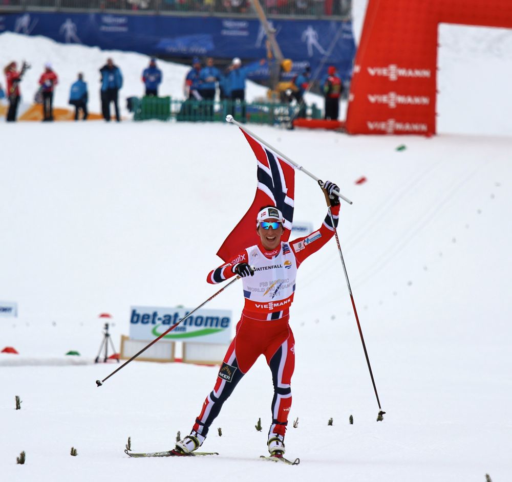Marit Bjørgen soaks up Norway's relay victory before crossing the finish 26.2 seconds ahead of runner-up Sweden. It was Bjørgen's 11th World Championships gold and third title in the four races in Val di Fiemme, Italy.  