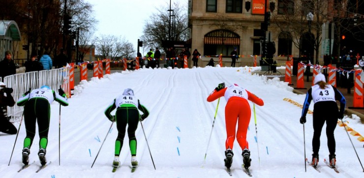 Alaska Pacific University's Rosie Brennan (r) leaving the start in the quarterfinals of the classic sprint at the Madison, Wis., SuperTour on Saturday. Photo: Alexis Turgeon.