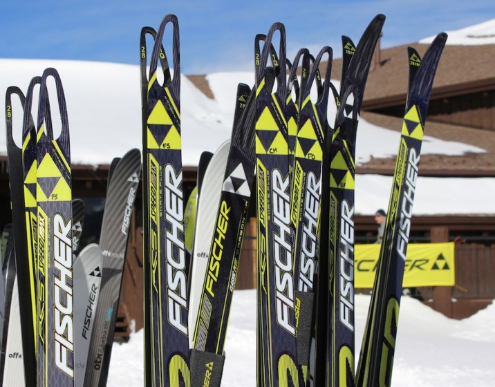 Fischer's new Speedmax skate and classic skis waiting for testing at the SIA on-snow demo earlier this month.