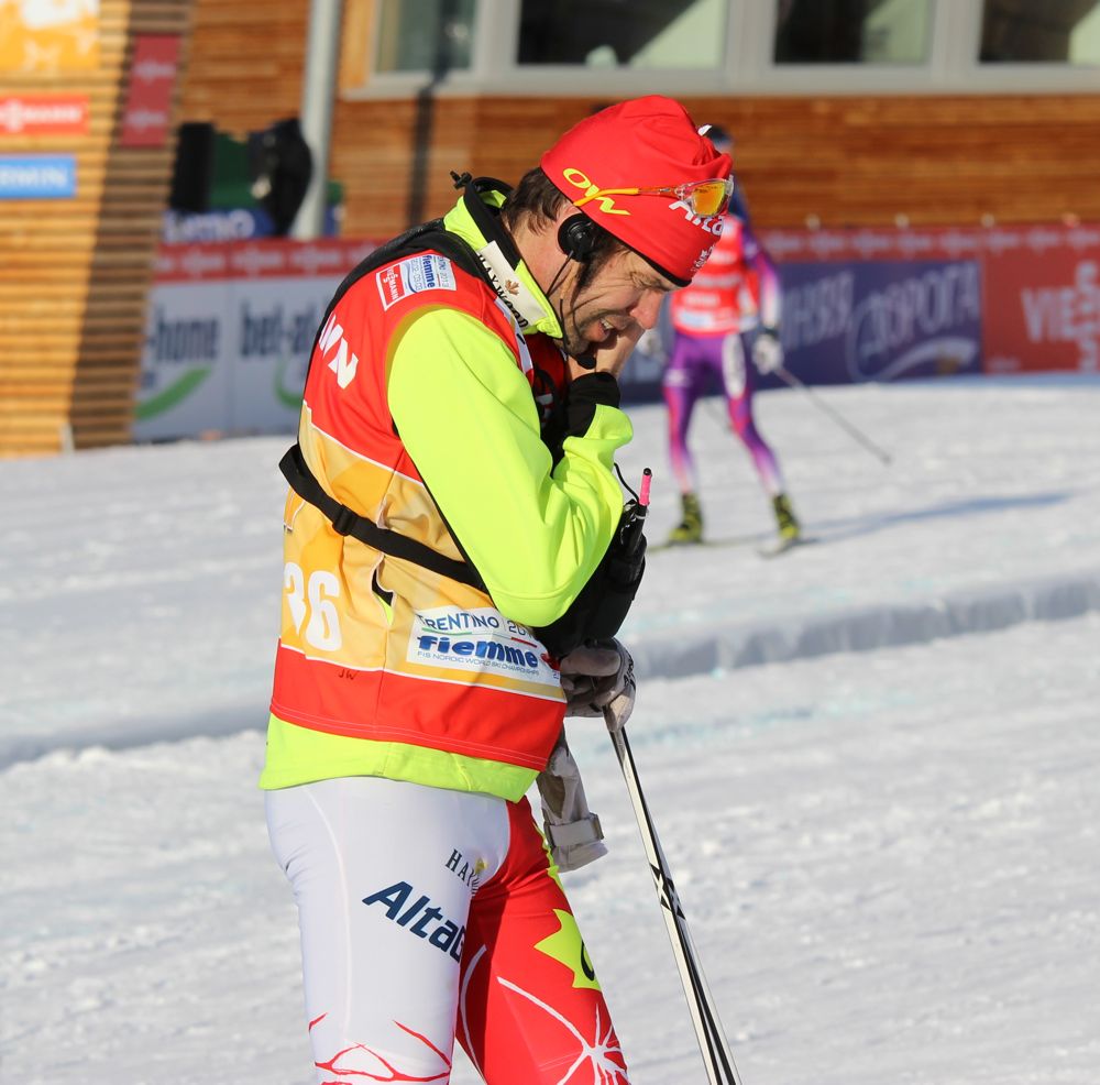 Canadian National Ski Team Head Coach Justin Wadsworth during Wednesday's afternoon training at the 2013 Nordic World Ski Championships in Val di Fiemme, Italy.