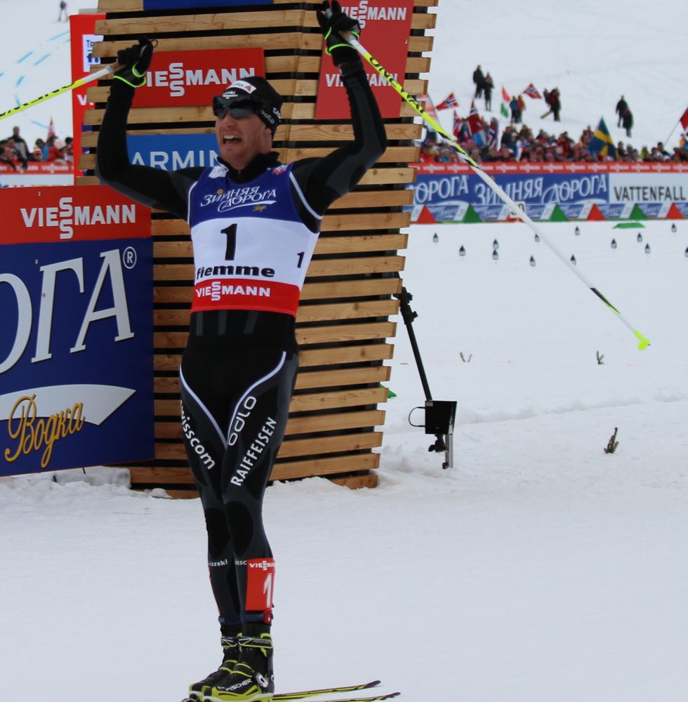 Cologna celebrates his first World Championships gold after winning the 30 k skiathlon handily on Saturday at the 2013 World Championships in Val di Fiemme, Italy.