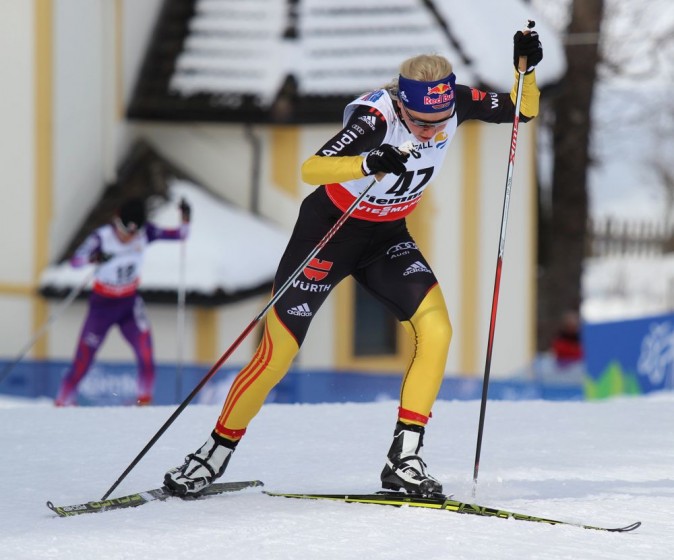 Miriam Gössner, a German biathlete, on her way to a fourth-place finish at FIS Cross Country World Championships in 2013, her last full season competing.