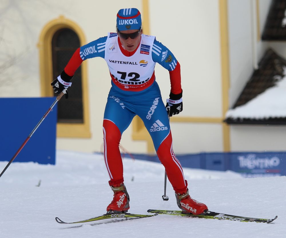 Russia's Yulia Tchekaleva en route to bronze in the 10 k freestyle at 2013 World Championships in Val di Fiemme, Italy.