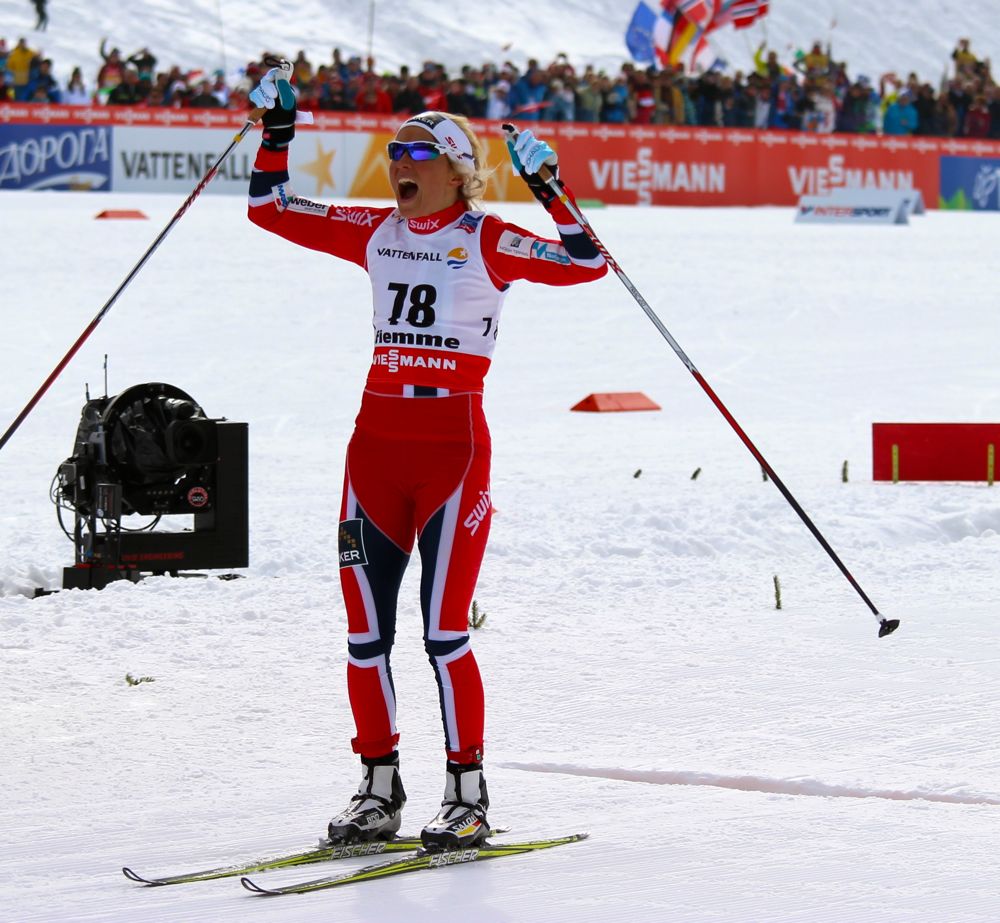 Therese Johaug after finishing with the fastest time by 10.2 seconds over Norwegian teammate Marit Bjørgen to win Tuesday's 10 k skate at 2013 World Championships in Val di Fiemme, Italy.