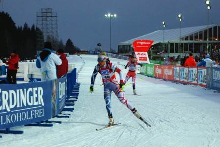 Marie Dorin Habert of France competing at 2013 World Championships in Nove Mesto, Czech Republic.