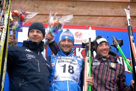 Sergio Bonaldi (center), with his Italian teammates on the podium. Photo, Darlene Prois/American Birkebeiner Ski Foundation.