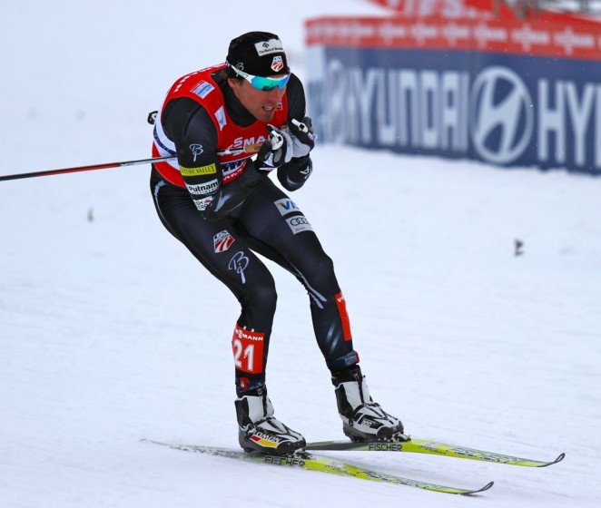 Andy Newell on his first lap in the World Championships team sprint on Sunday. He and Erik Bjornsen placed 14th for the U.S.