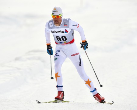 Johan Olsson (SWE) on his way to the fastest time in the 15km men Davos.  Photo: Fischer / Nordic Focus.