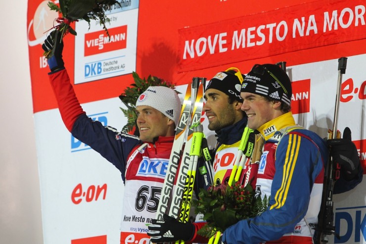 Martin Fourcade (FRA) won his first gold medal of the 2013 World Championships on Thursday in the men's 20 k individual. Tim Burke (USA) took second, 23 seconds behind, and Sweden's Fredrik Lindström finished third. Photo: Nordic Focus/USBA.