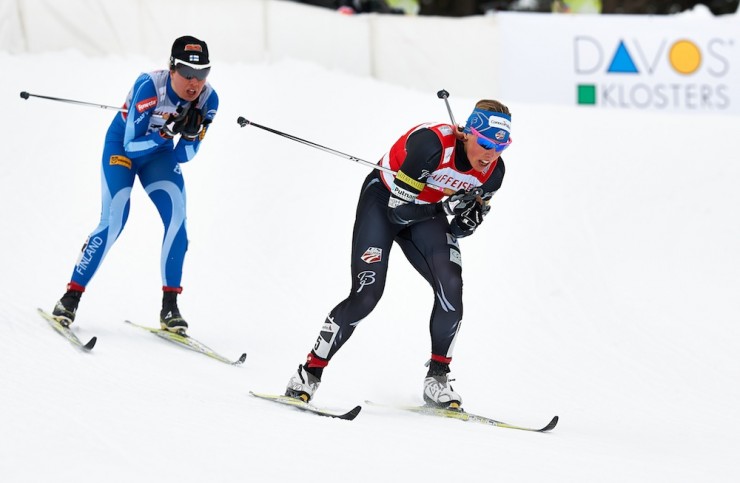 Kikkan Randall (USA) leading Kerttu Niskanen (FIN) in the classic sprint quarterfinals in Davos, Switzerland on Saturday. Photo: Fischer/Nordic Focus.