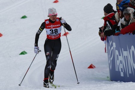 Sophie Caldwell (USA) on her way to the 30th-fastest qualifier in the classic sprint at World Championships. She followed it up with 20th overall after placing fourth in her quarterfinal.