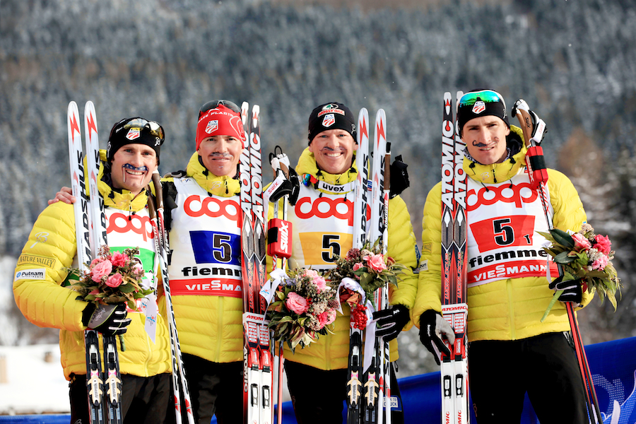From right to left: Taylor Fletcher, Billy Demong, Todd Lodwick and Bryan Fletcher sporting the "StacheTats" they wore to win bronze in Sunday's normal-hill/4x5 k team event at the 2013 Nordic World Ski Championships in Val di Fiemme, Italy. (Photo: Sarah Brunson/U.S. Ski Team)